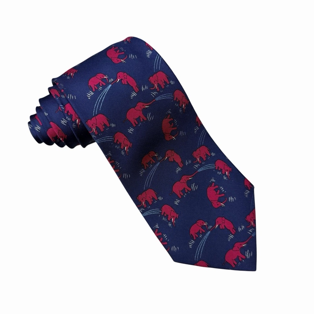 Hermes Mens Tie Elephant Spraying Water Navy & Fuchsia 7111 OA Silk 3 3/8" x 58" - Picture 2 of 5